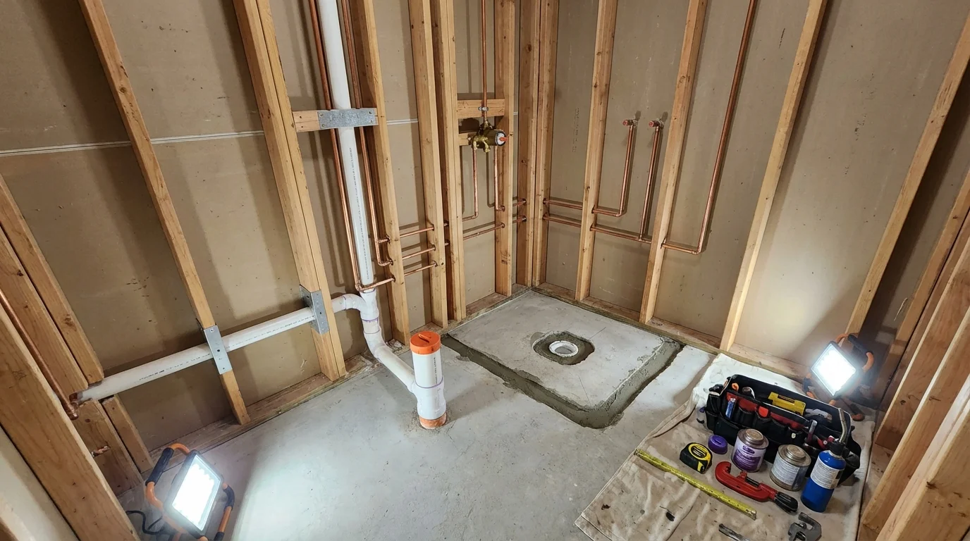 Bathroom rough-in plumbing during remodel by Johns Plumbing LLC in Brussels