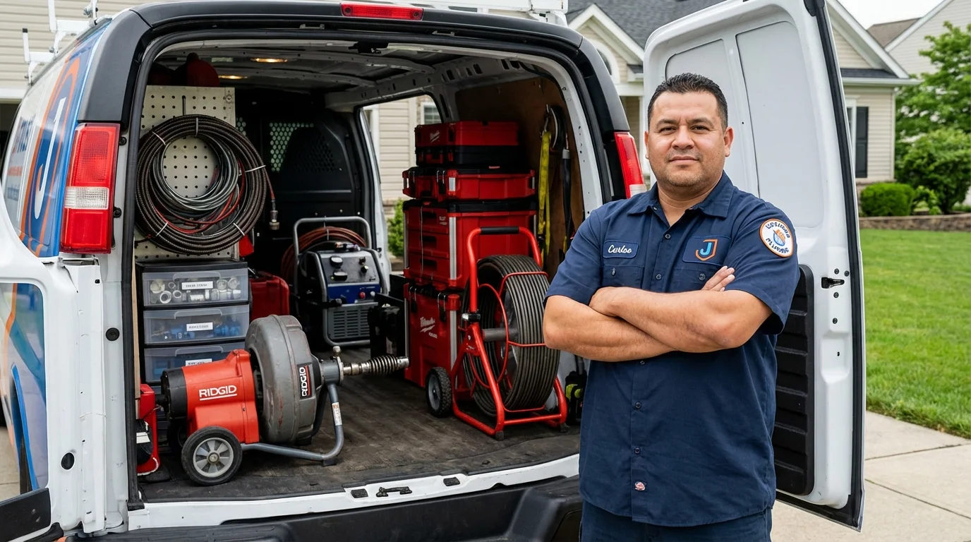 Professional drain cleaning equipment and Johns Plumbing LLC plumber in Brussels