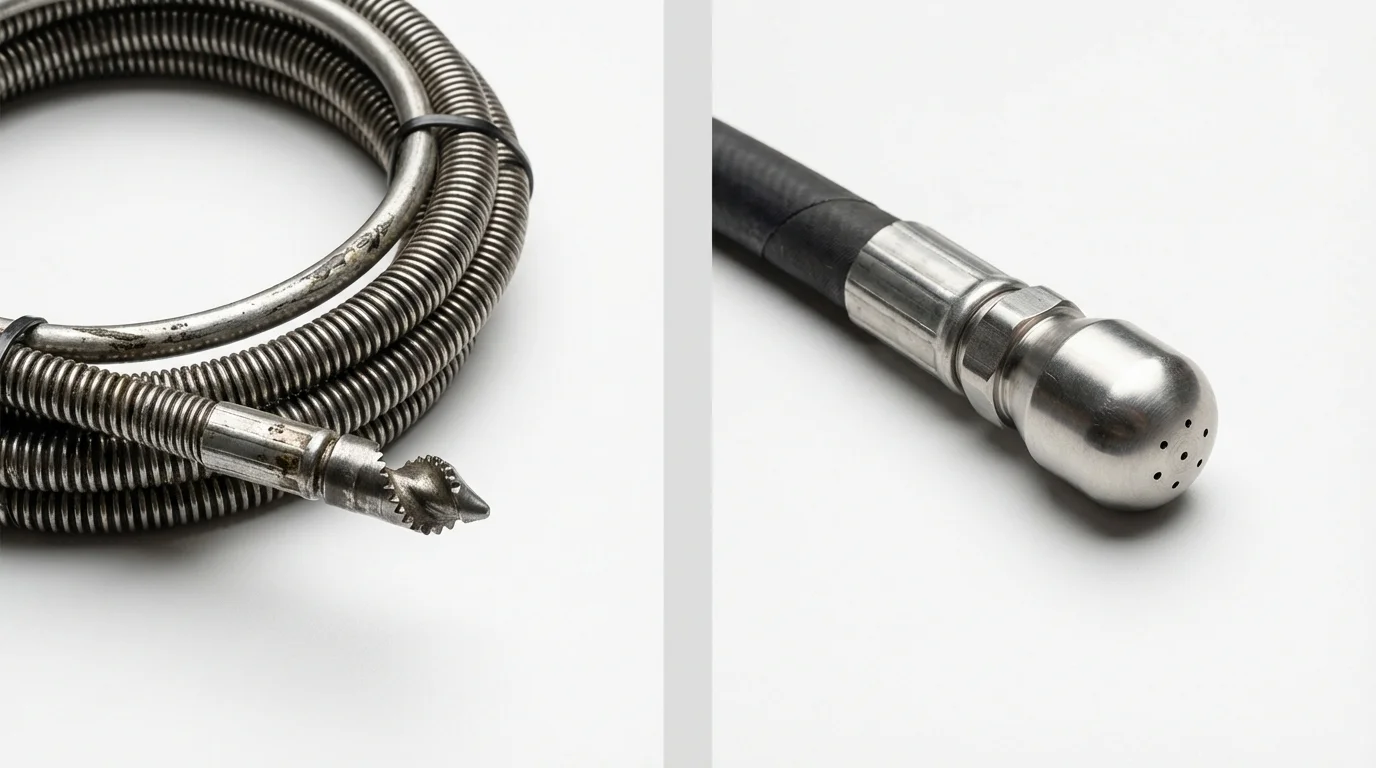 Drain snake cable and hydro jetting nozzle used for drain cleaning in Brussels, WI