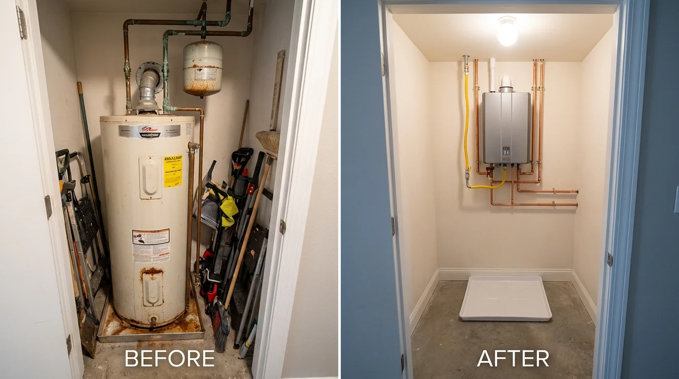 Tank water heater versus wall-mounted tankless unit comparison for Brussels, WI homeowners