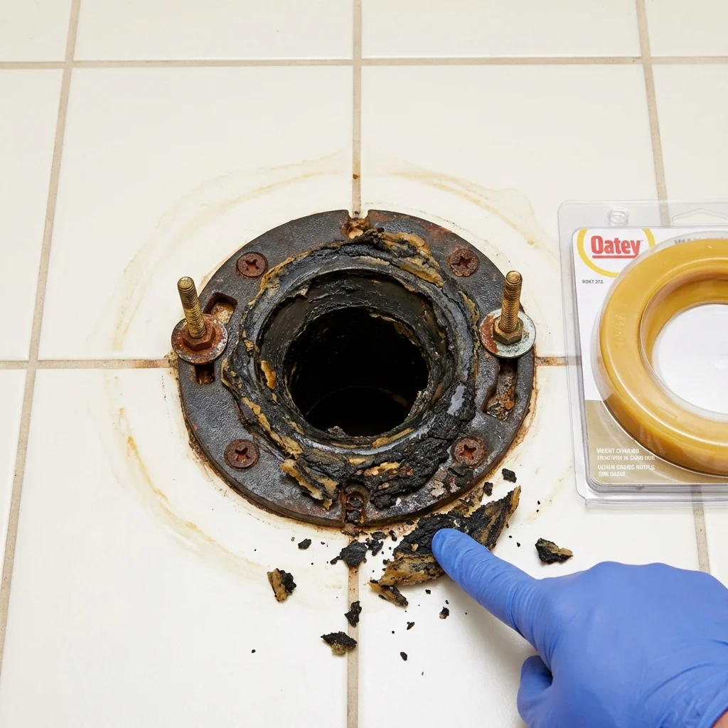 Failed wax ring showing water seepage at the base of a toilet in a Brussels, WI home